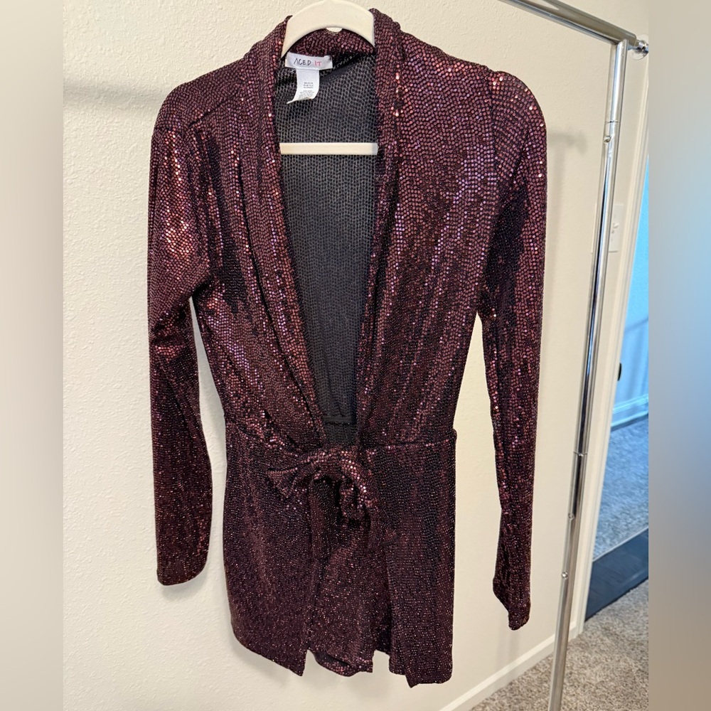 Burgundy sequin shorts romper with long sleeves